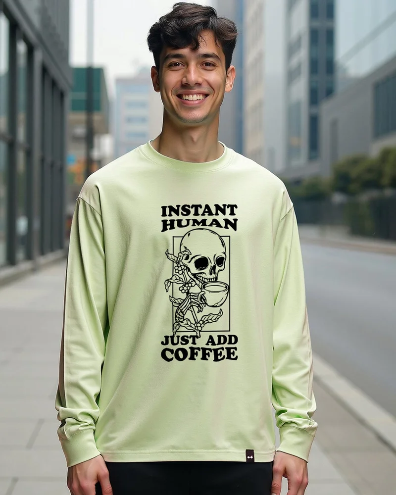 bewakoof Men's Green Instant Human Graphic Printed Oversized T-shirt